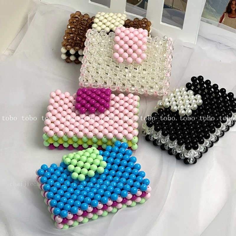 

Mini Square Cards Wallets Unique Beaded Woven Contrasting Colors Tas Clutch Trendy Pearl Double-deck Hasp Small Women Purses