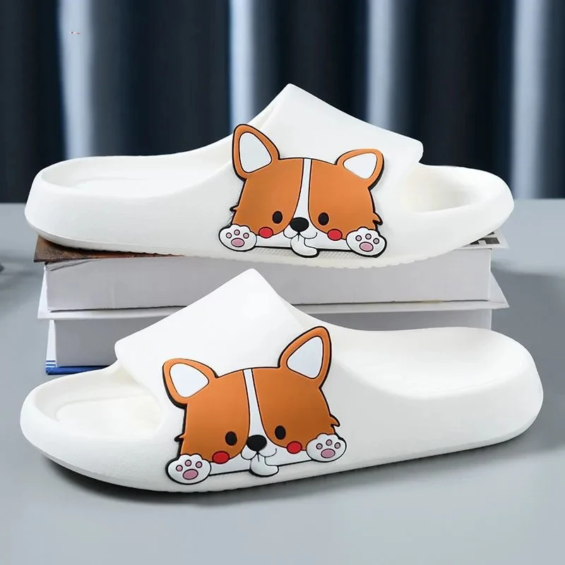 

New Women Home Slippers Cute Corgi Graphic Design Bathroom Slippers Non-slip Ladies Platform Wear Out Beach Couple Sandals