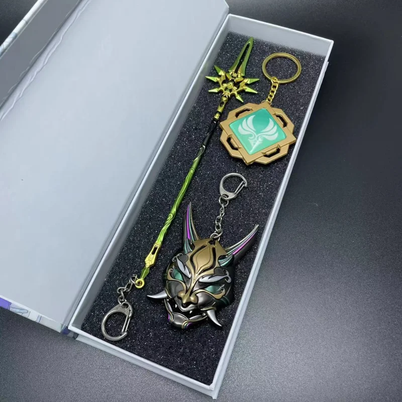 

Genshin Impact Anime Figure Weapon Mask Keychain Sword Prop Xiao Tartaglia Toy Gift Boxs Packaging Vision Metal key Ring