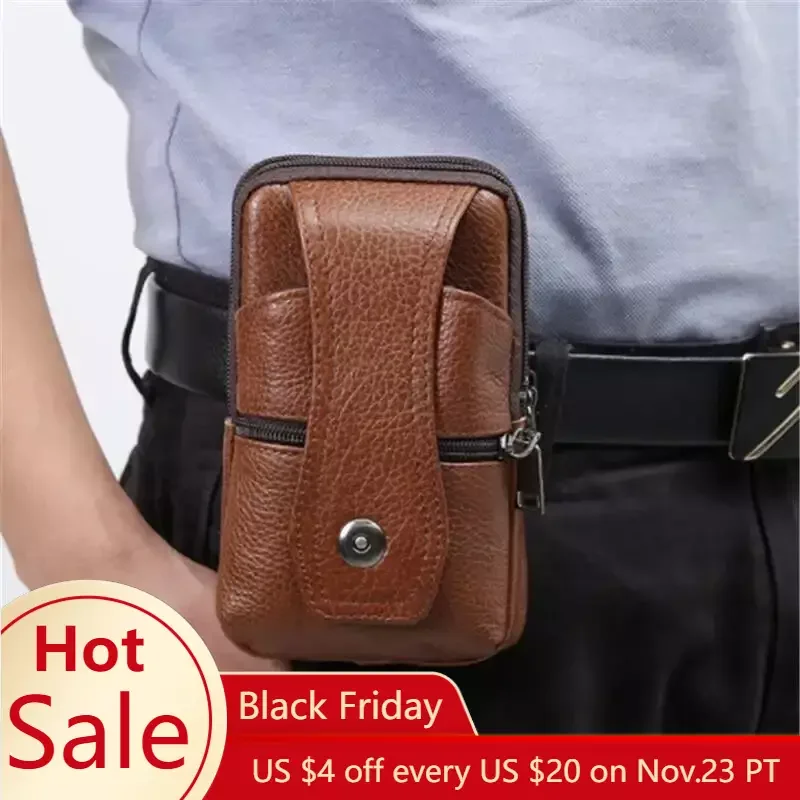 

Men Leather Waist Bag Casual Zipper Male Waist Pack Large Capacity Belt Bag Brown Shoulder Bags Crossbody Bags Mobile Phone Bag
