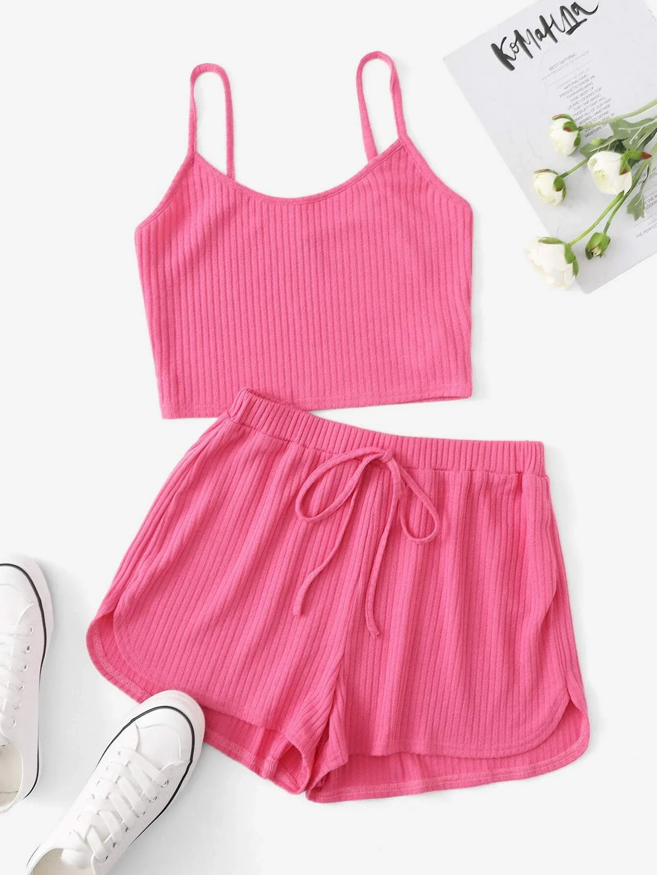 

Solid Rib-knit Top and Knotted Shorts Set