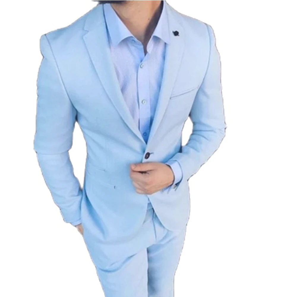 2022 New Arrival Slim Fit Men Suits For Wedding Prom Tuxedos Light Sky Blue Groomsman Jacket Pant Male Summer Suit Costume Homme