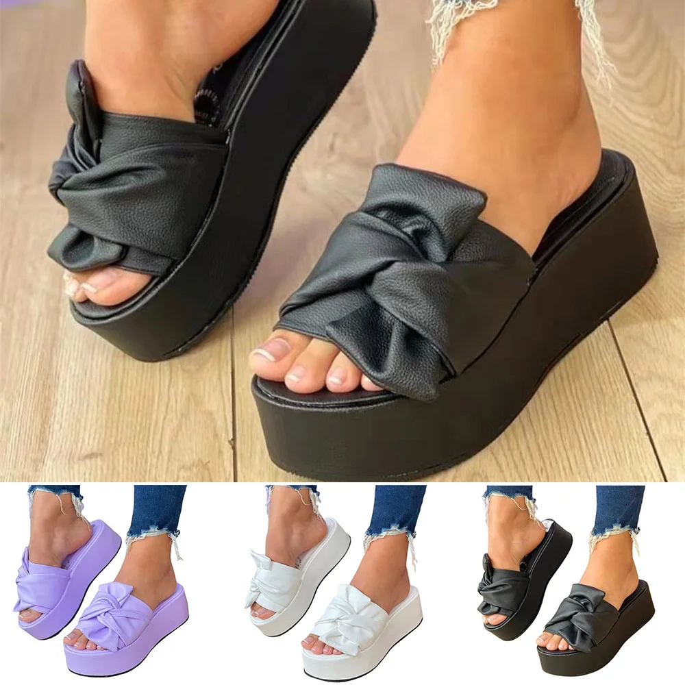 Women's Platform Slippers Sandals Flat Heel Bowknot PU Summer Slide Shoes