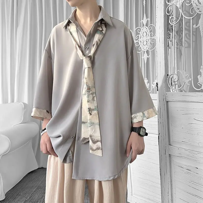 EOENKKY/Half Sleeve Men Solid Shirts Summer Casual Oversize Blouses Dark Green Fashion Male Cardigan Vintage Korean Clothing
