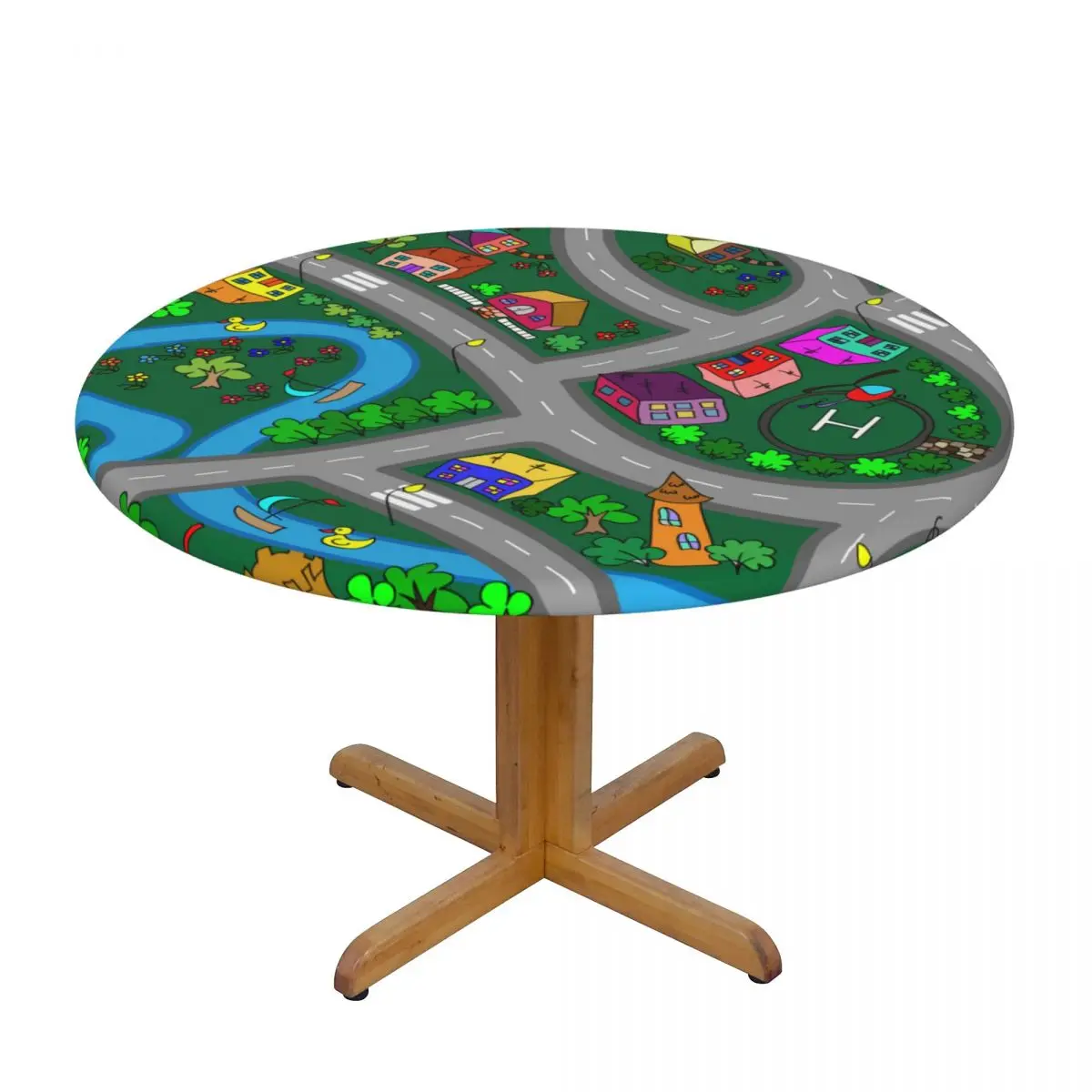 

Fitted Round Tablecloth Protector Soft Table Cover Cartoon Map Roads Cars And Houses Anti-Scald Plate Kitchen Tablemat