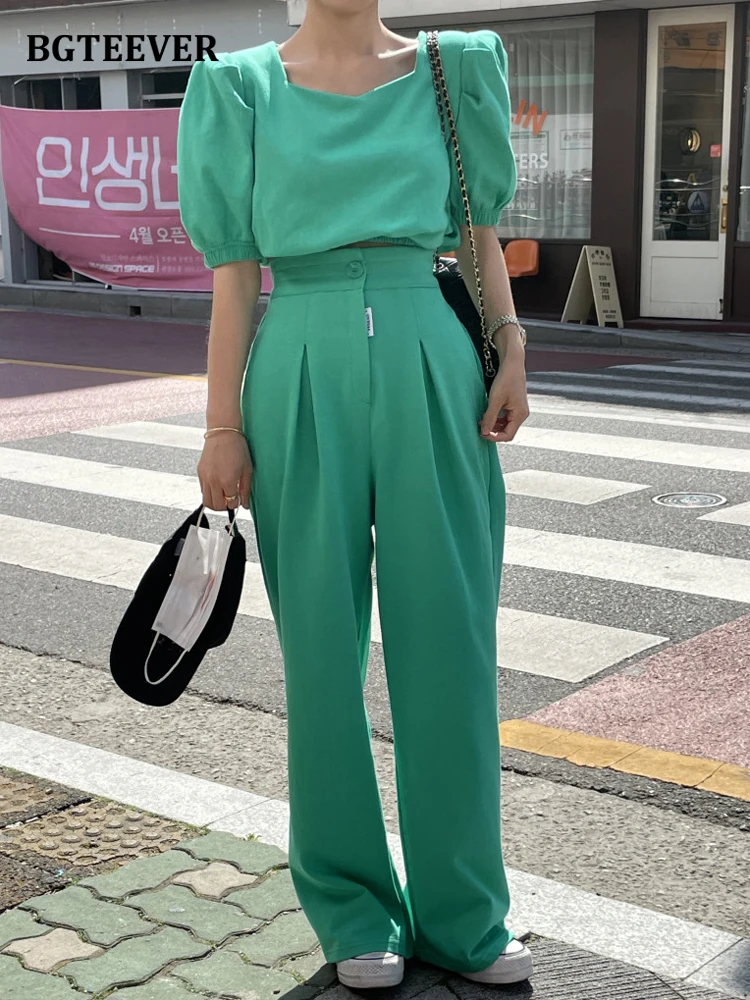

BGTEEVER Chic Ladies 2 Pieces Trousers Set Square Collar Puff Sleeve Tops & High Waist Wide Leg Pants 2022 Women Summer Set