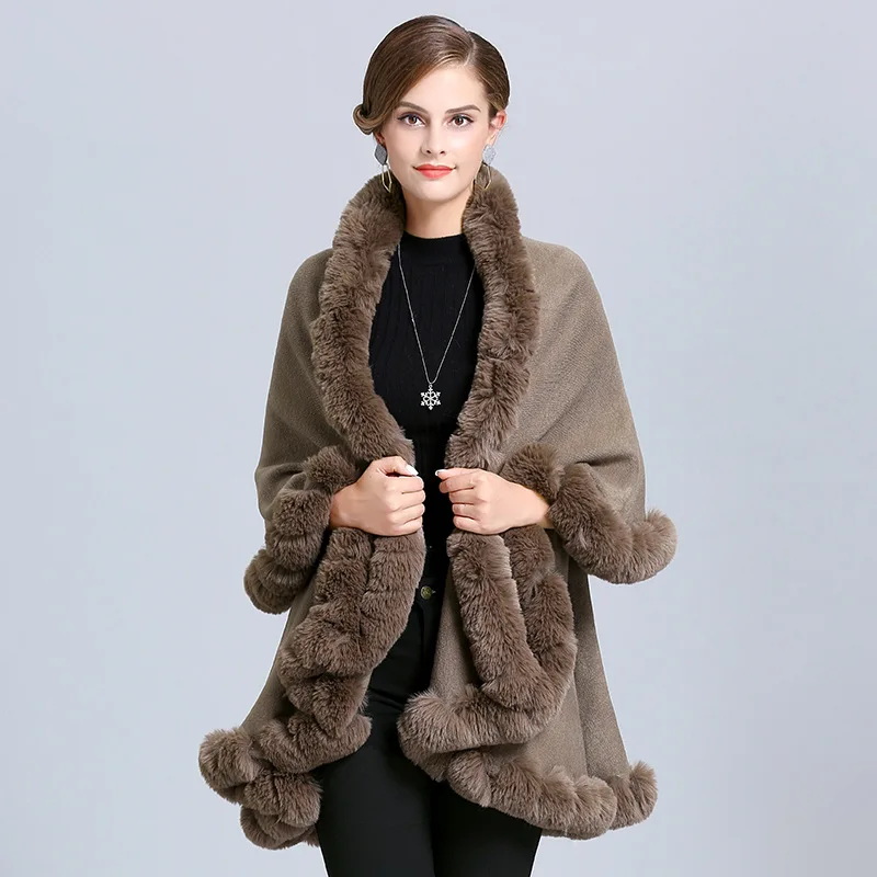 Women's faux fox fur collar, double-knit cardigan shawl cape