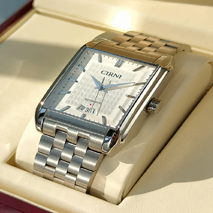 

Luxury Dress Watch Automatic Men Business Self-Wind Mechanical Wristwatches CIRNI Rectangle Stainless Steel Calendar Clocks 2022