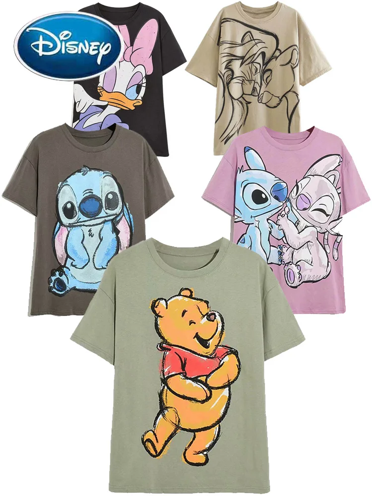 

Disney Mickey Mouse The Lion King Simba Nala Donald Daisy Duck Cartoon Print Women T-Shirt O-Neck Short Sleeve Cotton Tee Tops