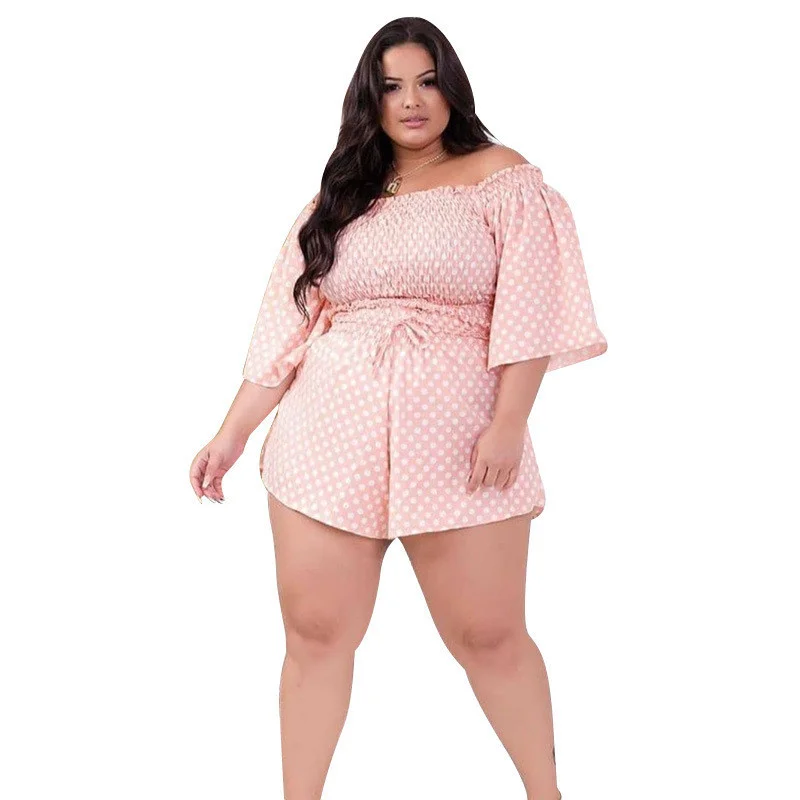 Plus Size New Two Piece Set Women's Clothing Wholesale Off Shoulder Short Sets Dot Print Top Sweet Suit Summe 3xl 4xl 5xl 6xl