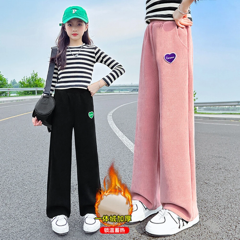 

Girls Pants 2024 Fashion Autumn Winter Plus Velvet Thicken Wide-Leg Pants Kids Clothing Casual Trousers Girls Warm Cotton Pants
