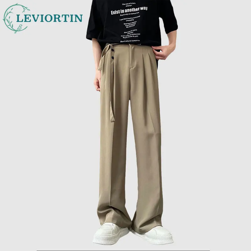 

Khaki Black Belt Suit Pants Men Fashion Society Mens Dress Pants Korean Loose Straight Pants Mens Office Formal Trousers M-2XL