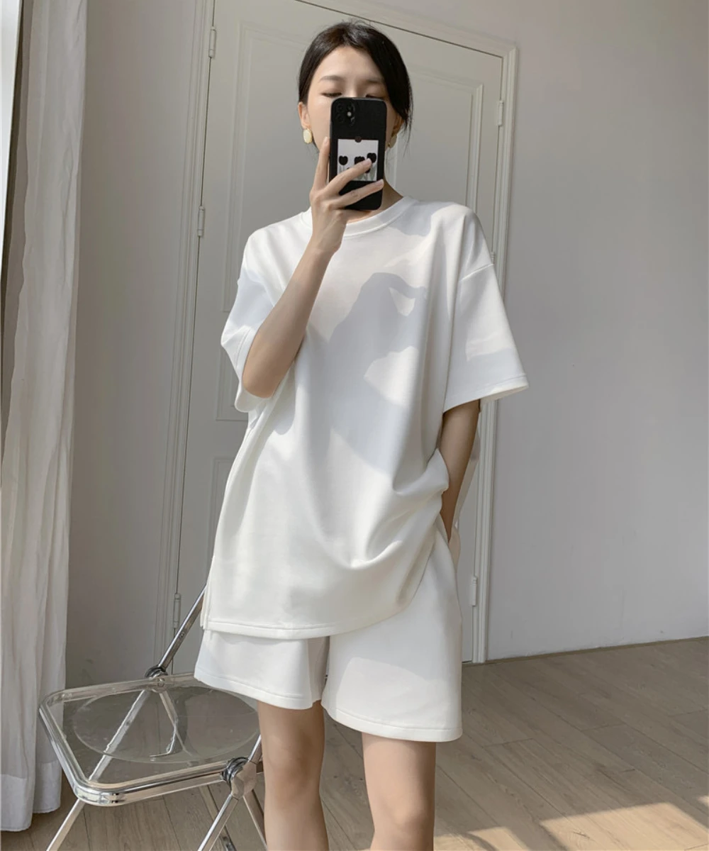 

Женская футболка и Свободный Топ, Костюмные шорты, хлопковая летняя одежда большого размера из двух частей, Женская Классическая Повседневная Уличная одежда