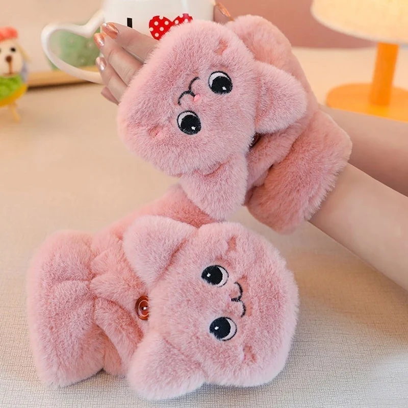 

Cute Rabbit Fur Knit Mittens Plush Fingerless Gloves Flip Half Finger Driving Glove Winter Soft Warm Thick Gloves for Women Girl