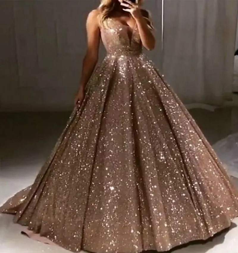 

Ball Gown Luxurious Sparkle Quinceanera Prom Birthday Dress V Neck Backless Sleeveless Evening Party Gown 2022 Robe De Soiree