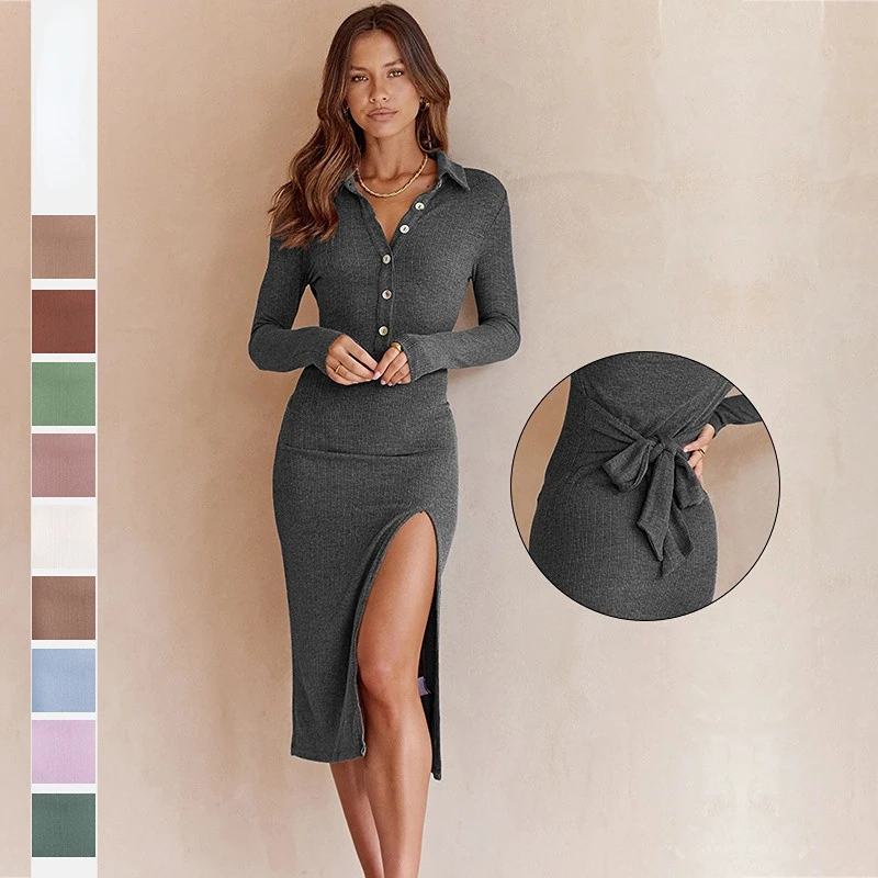 

Women Long Sleeve Knitted Sweater Maxi Korean Lady's Single Breasted Elegant Mid Split Slim Casual Robe Bodycon Dresses Clothing