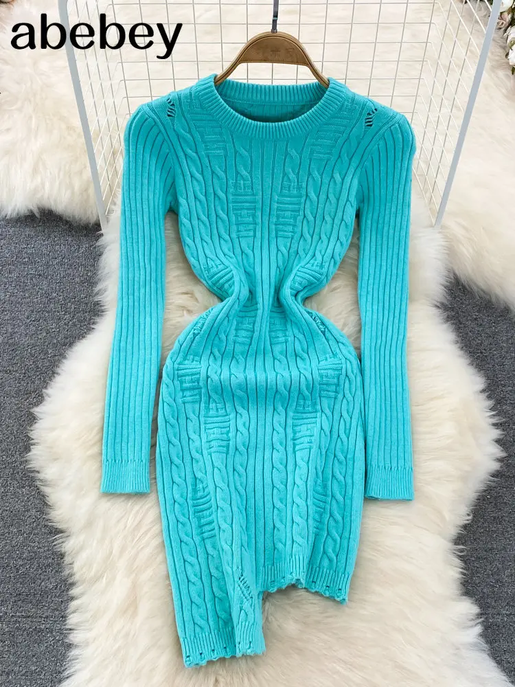 

Irregular Sexy Knitted Dress Elegant Long Sleeve Slim O Neck Fashion Ladies Party Bodycon Sweater Midi Dresses