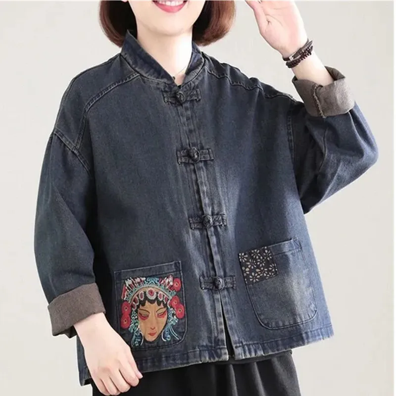 

2022 New Spring/Autumn Women Casual Loose Stand Collar Long Sleeve Coat Embroidery Cotton Denim Coats Vintage Outerwear Female