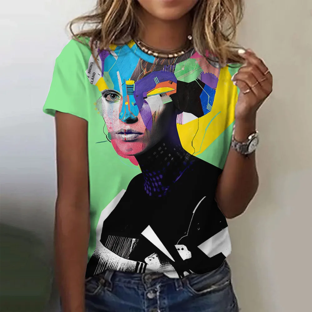 

Women'S Abstract Fashion T-Shirt Summer O-Neck Short Sleeve Oversized Harajuku Collage Female Casual Luxury Streetwear Tees Tops