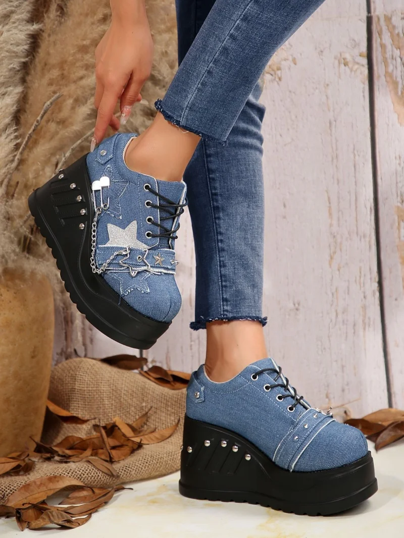 Новые джинсовые туфли на толстой подошве с высокой посадкой шнуровке большие