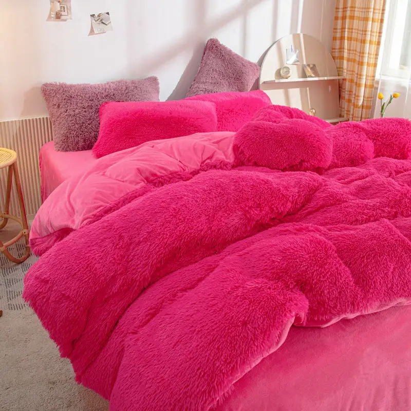 

Новый Зимний теплый плюшевый пододеяльник розовая романтическая принцесса норковый бархат + пушистое фланелевое одеяло роскошный комплект постельного белья размер King Size