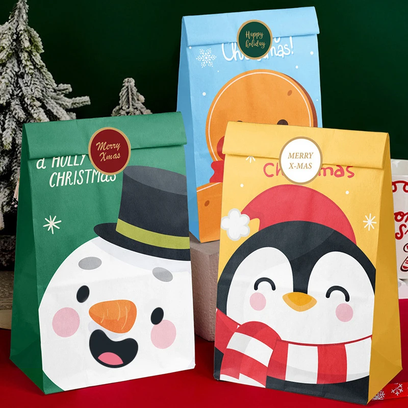 

12Pcs Christmas Paper Bags Santa Claus Snowman Holiday Xmas Party Favor Bag Candy Cookie Pouch Gift Bag Wrapping Christmas Bags