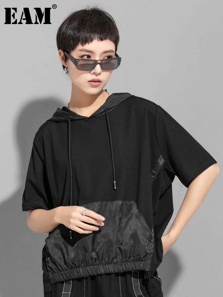 

[EAM] Женская Черная Повседневная разноцветная футболка с карманами, большие размеры, новая модная футболка с капюшоном и рукавом до локтя, ве...