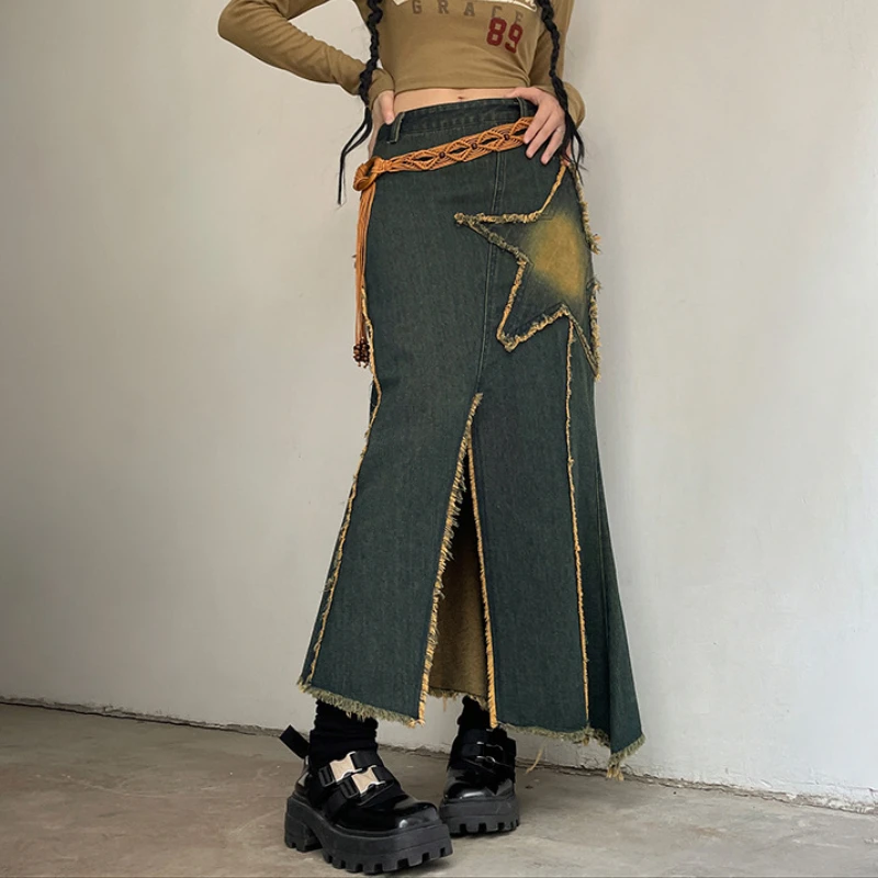

Y2K Skirt Irregular High Waist Split Denim Skirt Women Vintage Streetwear 2000s Aesthetic Star Midi Long Skirts Grunge Clothes