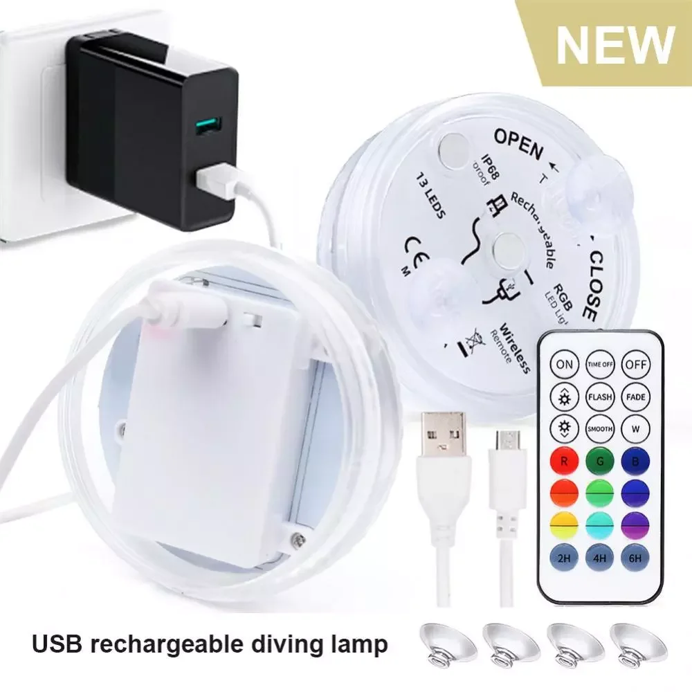 

NEW2023 13 LEDs Submersible LED Light Waterproof Underwater Light USB Rechargeable Swimming Pool Night Lamp With Suction Cups