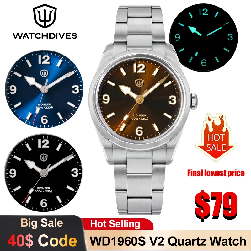 Фото Watchdives WD1960S V2 Кварцевые часы VH31 Sweep Movement НОВЫЕ роскошные часы 36,5 мм с сапфировым стеклом 100 м Водонепроницаемые мужские часы №1