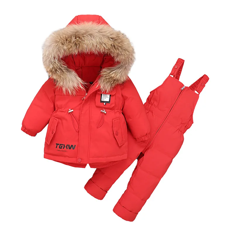 Baby Duck Down Jacket Jumpsuit Parka Real Fur Hooded Boy Overalls Warm Kids Coat Baby Girl Clothing Set For Girls Ski Sets