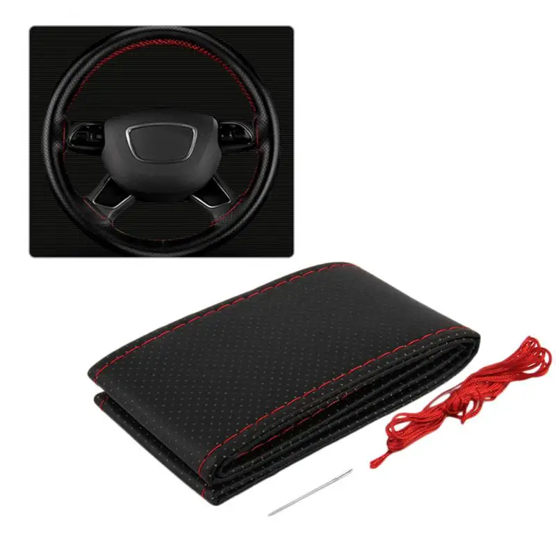 

Car Accessories Soft Comfortable Smooth Black Leather Auto Car Steering Wheel Cover Protect With Needles And Red Thread