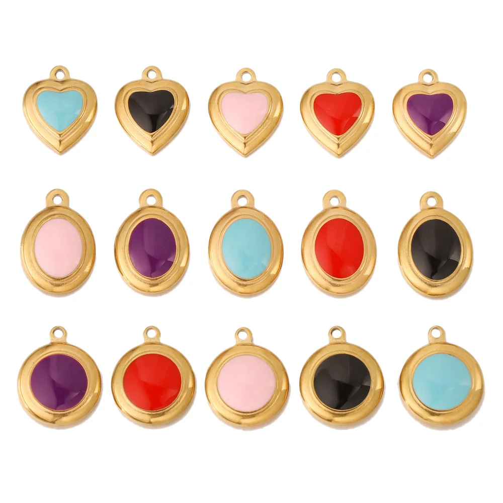 

5pc Stainless Steel Fine Enamel Plated Gold Oval Round Heart Charm for Bracelet Necklace Earring Jewelry Making Supplies Dangles