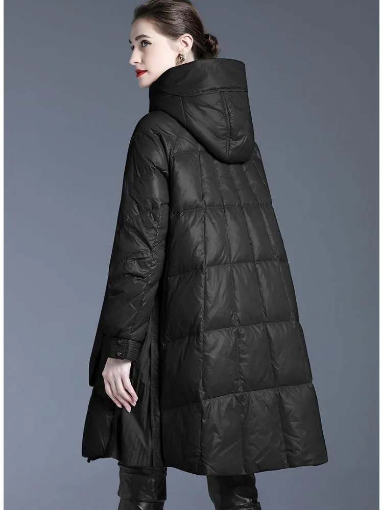European Station 2022 Winter Long Hooded Thicked 90 White Duck Down Coats Women Black Loose Padded Warmer Cloth Jackets