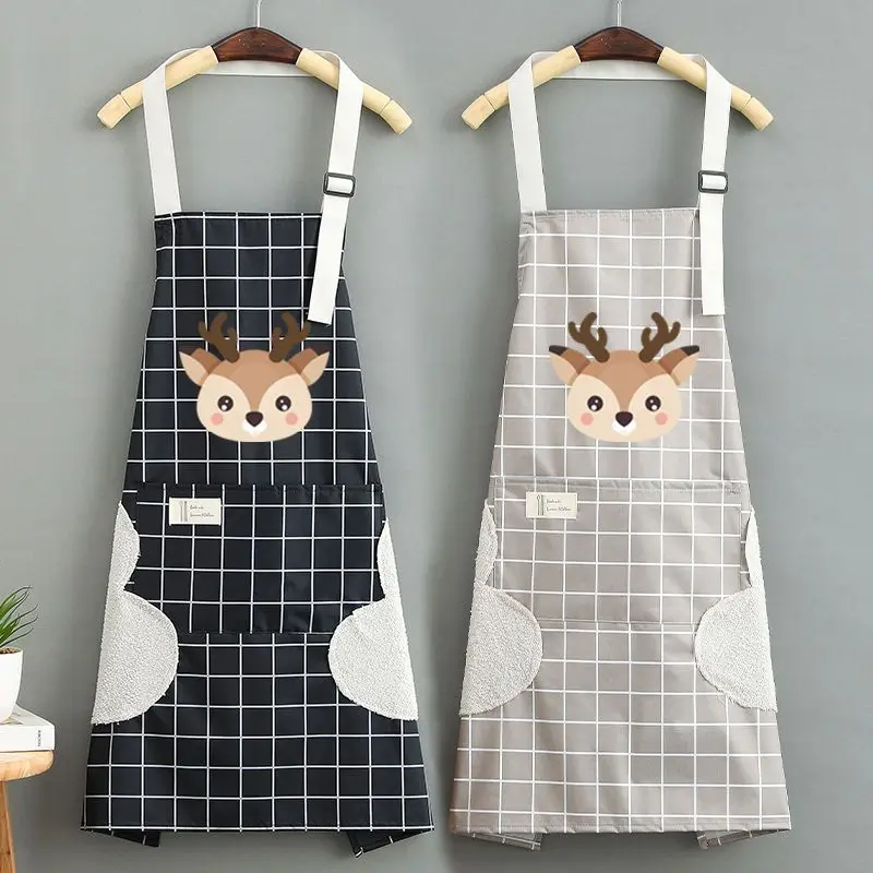 

Cartoon Deer Waterproof Adjustable Cooking Baking Apron Cartoon Lattice Women Men Cleaning Tool Household Pinafore