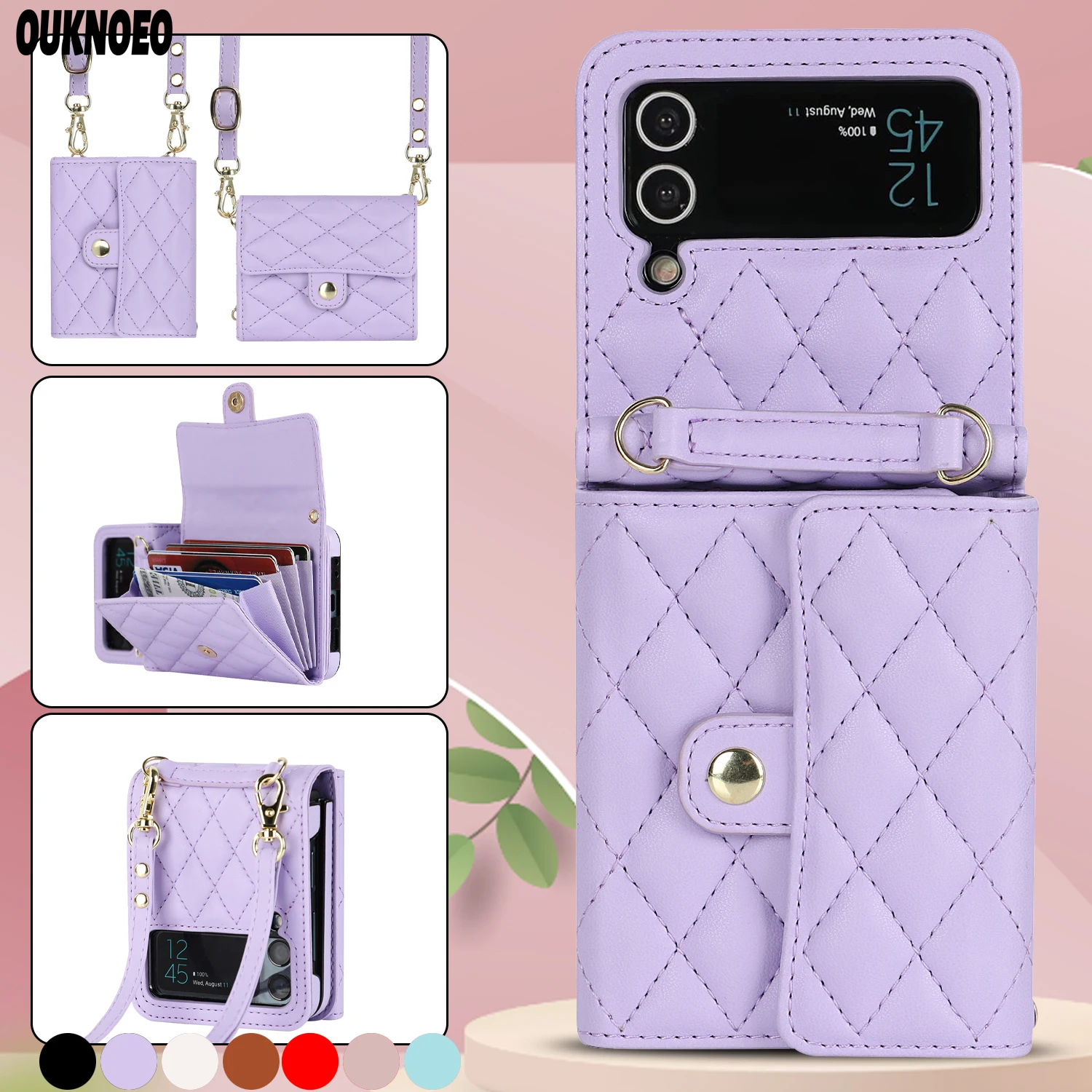 Fashion Leather Phone Case For Samsung Galaxy Z Flip 5 Z Flip 4 3 5G With Long Lanyard Crossbody Wallet Card Bag Protect Cover
