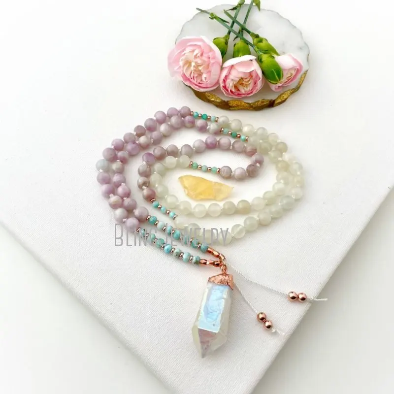 

MN43538 Acceptance Mala Necklace with Moonstone Kunzite Larimar and Angel Aura Guru Crystal, 108 Mala Prayer Beads, Yoga Gift