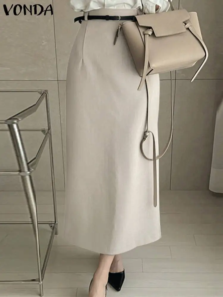 

Women Elegant Solid Color Skirts VONDA Fashion High Waist Midi Skirts 2023 Summer Casual Loose Zipper Streetwear Party Bottoms