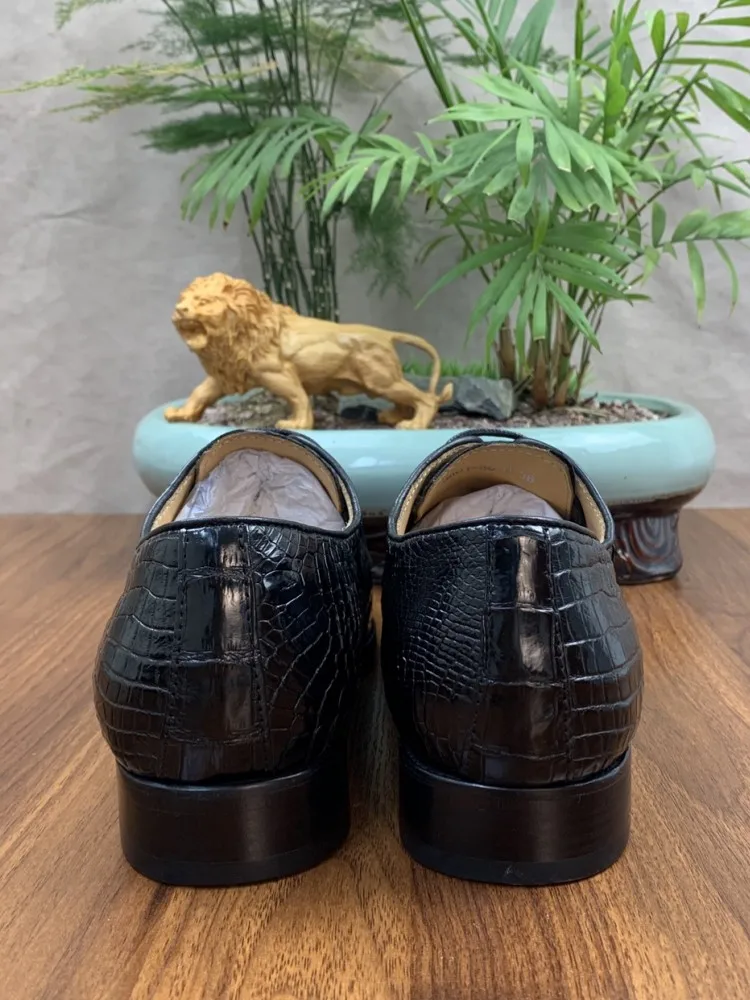 Туфли мужские из натуральной кожи под крокодила на шнуровке и блочном каблуке