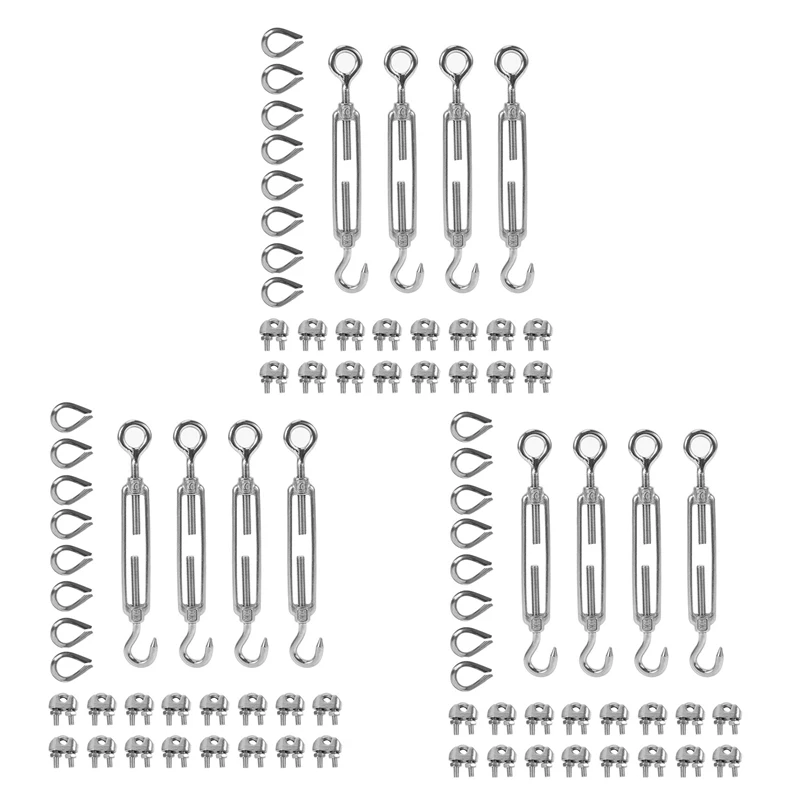 12-Pcs Turnbuckle/Tension(Eye&Hook, M6), 48-Pcs 1/8 Inch Wire Rope Cable Clip/Clamp(M3), 24-Pcs Thimble(M3)