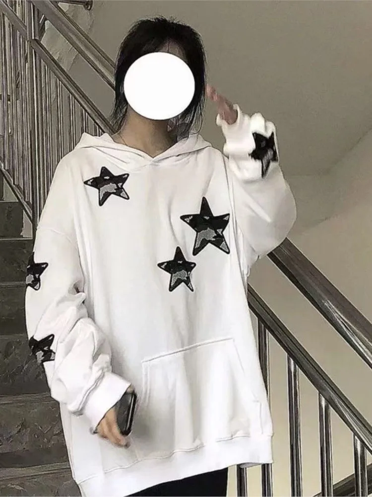 

New 2022 autumn Harajuku style pentagram print hooded sweater Korean version loose long-sleeved top simple and versatile street