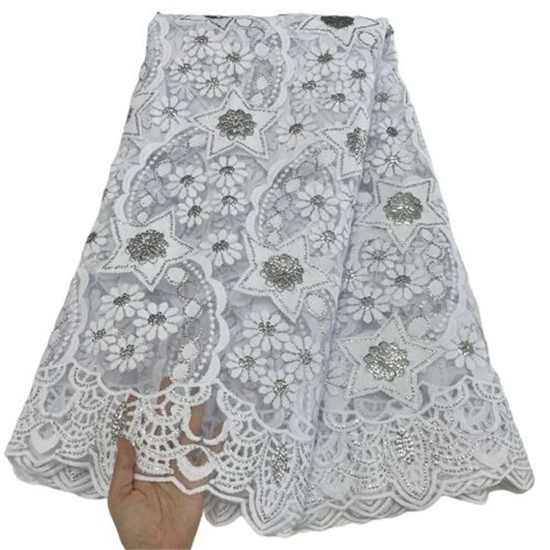 

White Latest Sequined African Lace Fabric Embroidered French Mesh Laces Fabrics 5 Yards For Nigerian Elegant Dress
