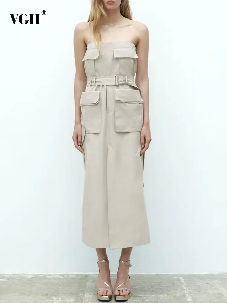 

Женские платья без бретелек VGH Pachwork с карманами и вырезом лодочкой без рукавов с высокой талией тонкая туника с разрезом однотонное женское модное платье