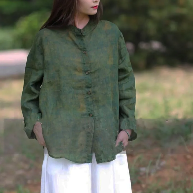 Ранняя осень оригинальный дизайн свободная тонкая рубашка Ramie с длинными