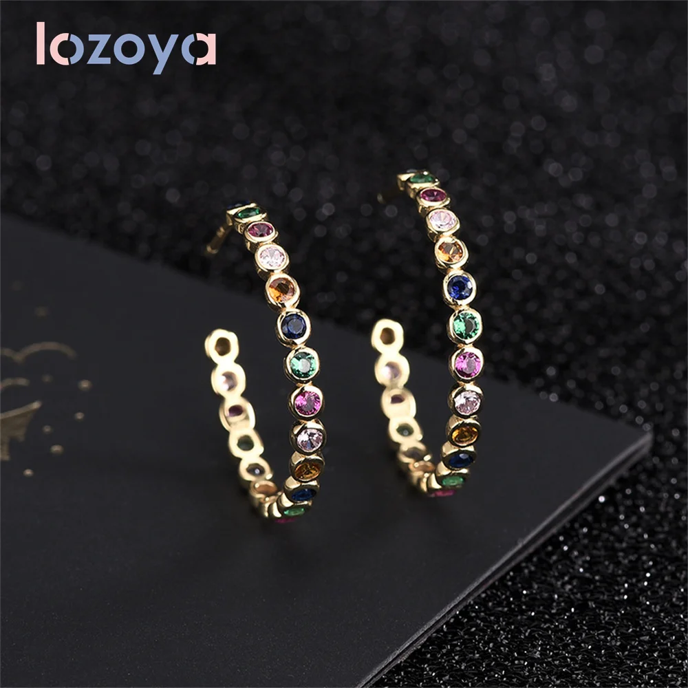 

Lozoya Earrings 925 Silver Original 2022 Women’s Colorful Zircon C-shaped Piercing Fashion Personality Color Matching Ohrringe