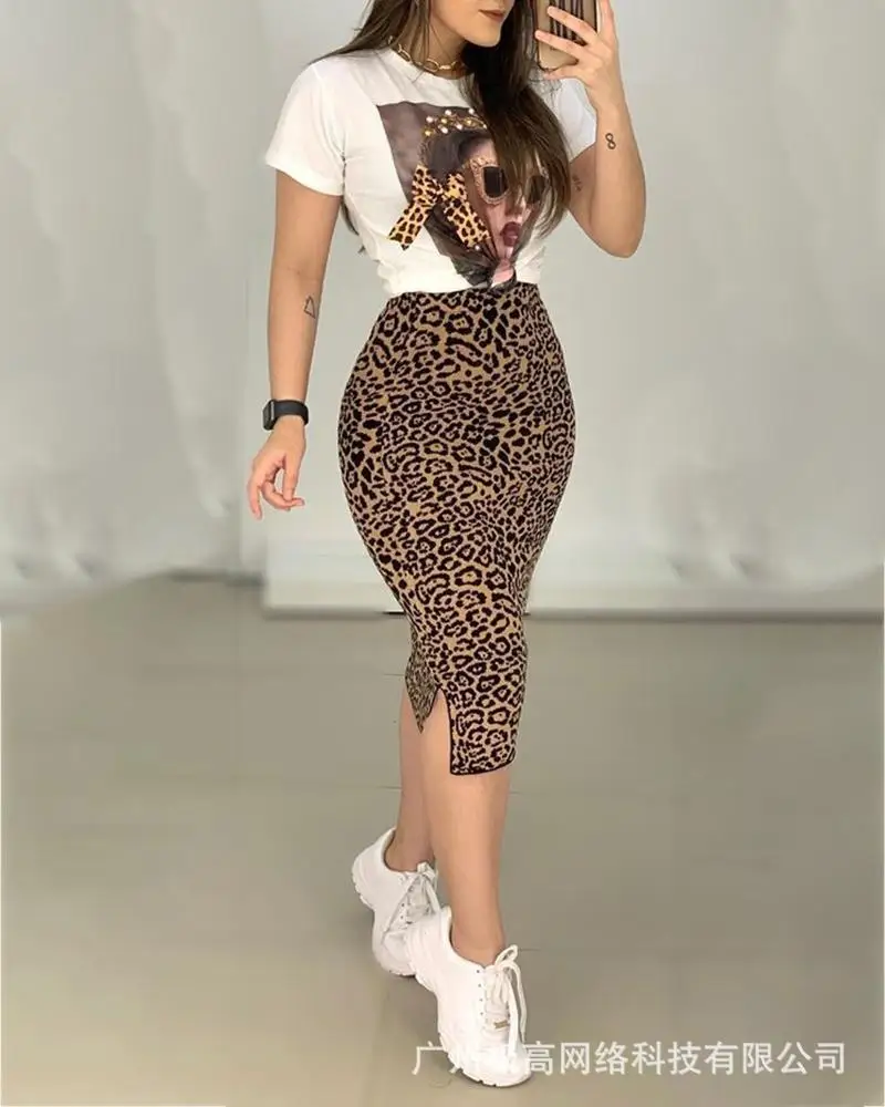 

Women TemperamentFigure Print Top & Leopard Print Slit Skirt Set Women Spring Summer Casual Fashion 2pcs Clothes Suit