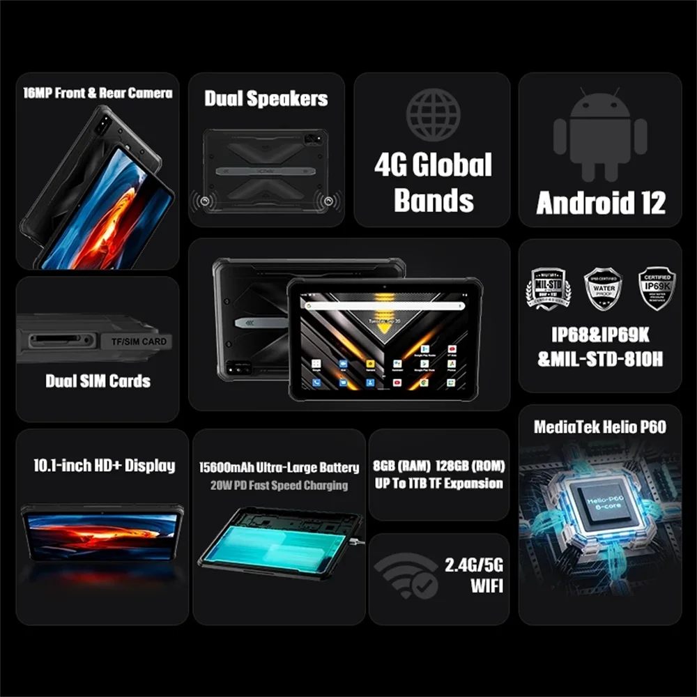 HOTWAV R6 Pro Rugged Tablet Android 12.0 Octa Core 8GB 128GB 15600mAh 10.1Inch HD Pad 16MP Camera Dual SIM Glove Mode Tablets PC