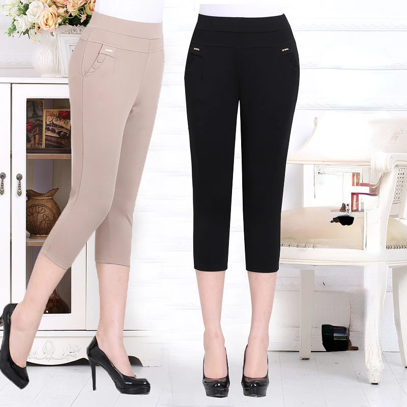 

Summer Middle-aged Elderly Women Fashion Pants 2022 New Elastic High Waist Casual Pants Solid Thin Calf-length Mother Pants Z51