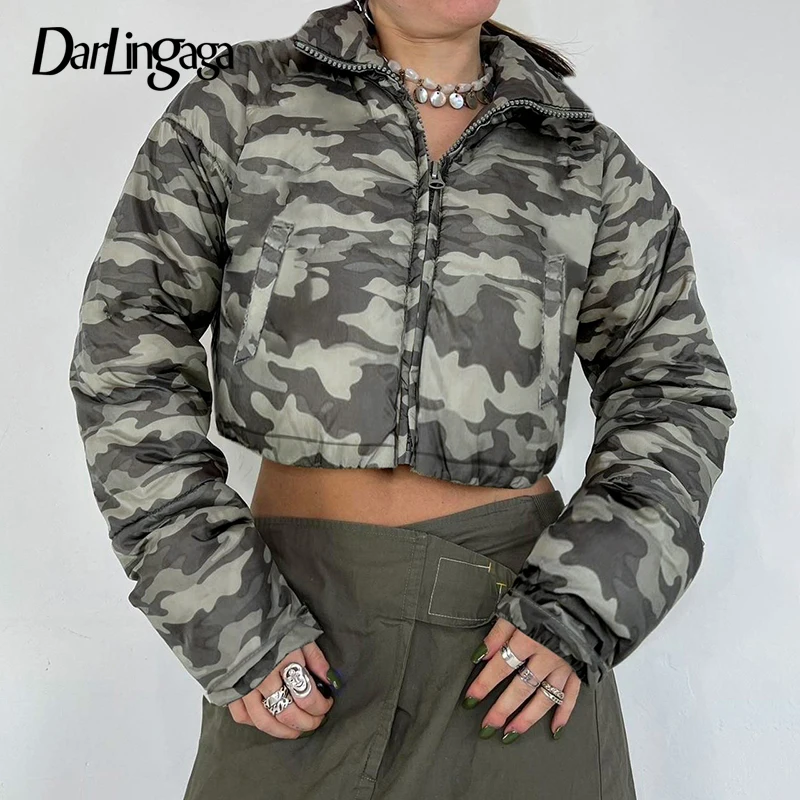 

Darlingaga Streetwear Fashion Camouflage Parka Coat Puffer Zip Up Turtleneck Winter Jacket Women Overcoat Crop Fashion Outwear