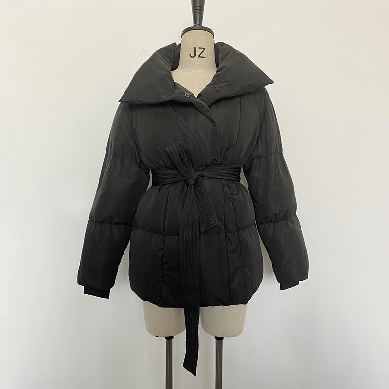 Fandy Lokar Winter Stand Collar Parkas Women Fashion Tie Waist Short Coats Women Elegant New Solid Puffer Jackets Female Ladies